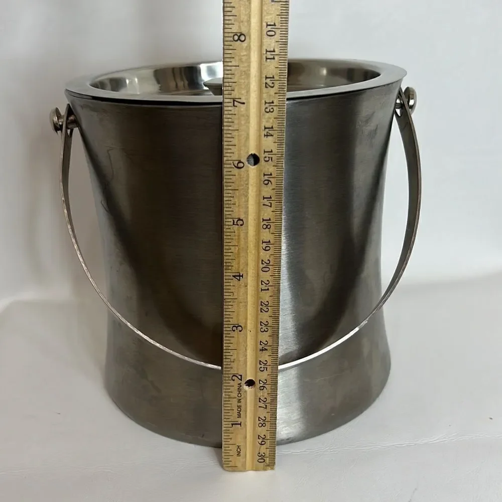 Ice Bucket Vintage Silver Metal Lid Handle Ice Scoop 12 Cup 7 In Tall 7 In Round